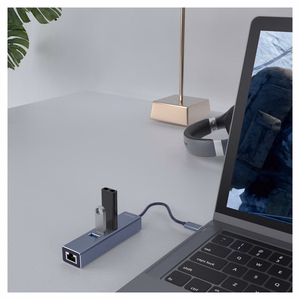 Savio AK-57 USB-A į 3x USB-A šakotuvas su RJ-45 Gigabit Ethernet adapteriu, USB 3.2 Gen 1, juodas/pilkas