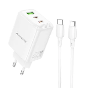 Borofone Wall charger BN32 Cargador GaN - USB + 2xType C - QC 3.0 PD 65W with Type C to Type C white