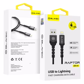 Blavec kabelis Raptor pintas - USB į Lightning - 1,5A 2 metrai Apple CarPlay (CRA-UL15BG20) juodas-pilkas