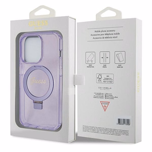 Guess Magnetinis dėklas telefonui su žiediniu stovu Script Glitter MagSafe iPhone 14 Pro Max - violetinė