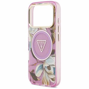 Guess IML Glitter Flowers Triangle MagSafe dėklas, skirtas iPhone 17 Pro / 18 Pro – violetinis