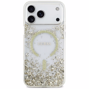 Guess Resin Bottom Glitter MagSafe dėklas, skirtas iPhone 18 Pro Max / 17 Pro Max, auksinis