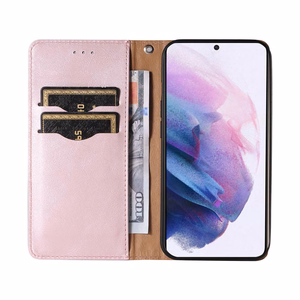 Magnetinis dėklas telefonui Samsung Galaxy S22+ (S22 Plus) su dirželiu, pinigine ir mažu pakabuku - rožinis