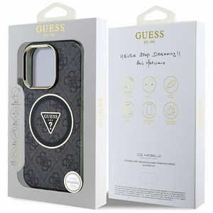 Guess IML Metal Glitter 4G Circle Triangle Magnetinis dėklas telefonui iPhone 16 Pro - juodas