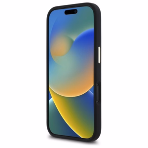 "Guess" silikoninis "iPhone 16 Plus" korpusas su metaliniu logotipu ir rėmeliu - juodas