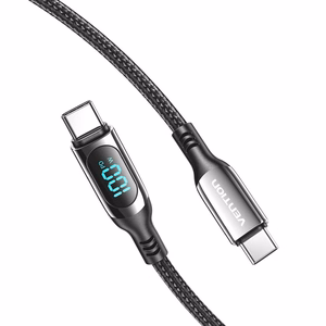 Vention medvilninis USB 2.0 C Male į C Male 5A laidas su LED ekranu 1.2M, juodas, cinko lydinys