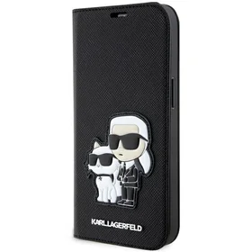 Karl Lagerfeld KLBKP14LSANKCPK iPhone 14 Pro 6.1" knygos tipo dėklas juodas Saffiano Karl & Choupette