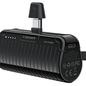 VEGER išorinė baterija 5000 mAh su įmontuotu jungtimi Type C PlugOn PD QC3.0 3A 20W W0558 juoda