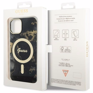 Guess GUHMP14SHTMRSK iPhone 14 6.1" juodas/juodas kietas dėklas Golden Marble Magnetinis