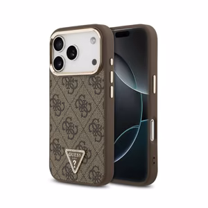 Dėklas Guess PU Leather 4G Strass Triangle Logo Gold Frame MagSafe Apple iPhone 18 Pro rudas