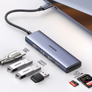 Ugreen CM511 20956A 6in1 šakotuvas USB-C - HDMI / 3x USB-A 3.0 / SD/TF kortelių skaitytuvas - pilkas