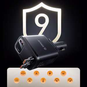 Orico Twin Reach 45W USB-A + USB-C automobilinis įkroviklis su dviem sutraukiamais USB-C laidais - juodas