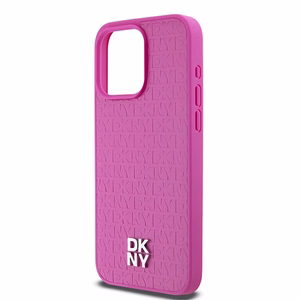DKNY Odinis monogramos rašto metalinis logotipas Magnetinis dėklas telefonui iPhone 15 Pro Max - rožinis