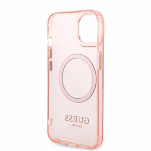Guess GUHMP14SHTCMP iPhone 14 6.1" rožinis kietas dėklas su auksiniu kontūru, permatomas, magnetinis (MagSafe)