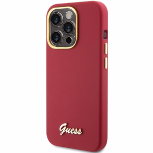 Guess Silicone Script Metal Logo & Frame dėklas telefonui iPhone 15 Pro - raudonas
