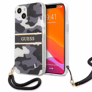 Guess GUHCP13MKCABBK iPhone 13 6.1" juodas/juodas kietas dėklas Camo Strap Collection