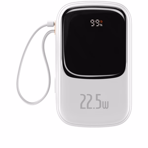 Baseus Qpow su skaitmenine indikacija išorinė baterija su greitu įkrovimu 20000mAh 22.5W QC/PD/SCP/FCP su įmontuotu USB-C kabeliu balta