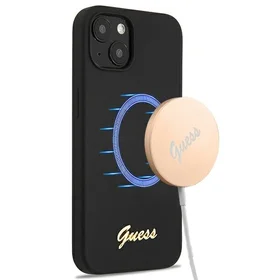 Guess GUHMP13MLSLMGBK dėklas telefonui iPhone 13 6.1" juodas kietas silikoninis su auksiniu logotipu MagSafe