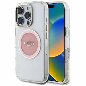 Guess IML Metal Colored Circle Classic Logo Magnetinis dėklas telefonui iPhone 16 Pro - rožinis