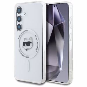 Dėklas Karl Lagerfeld Mygtukas Choupette Galva Spausdintas Logotipas Magnetinis Samsung Galaxy S25 balta