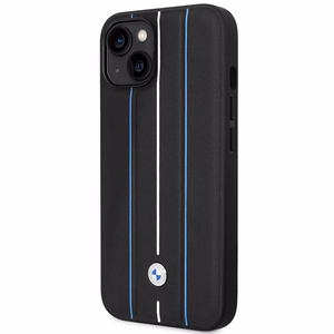 Dėklas BMW BMHCP14S22RVSK iPhone 14 6.1" juoda/juoda kietas dėklas Odinis Antspaudas Mėlynos Linijos