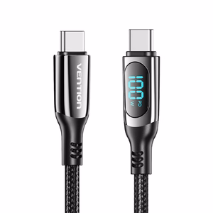 Vention medvilninis USB 2.0 C Male į C Male 5A laidas su LED ekranu 1.2M, juodas, cinko lydinys