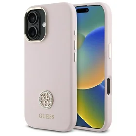 Guess Silicone Logo Strass 4G dėklas iPhone 16 - šviesiai rožinis