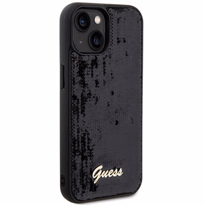 Guess Sequin Script Metal dėklas telefonui iPhone 14 / 15 / 13 - juodas