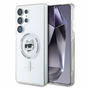 Karl Lagerfeld mygtukinis Choupette Head atspausdintas logotipas Magnētinis Samsung Galaxy S25 Ultra dėklas baltas