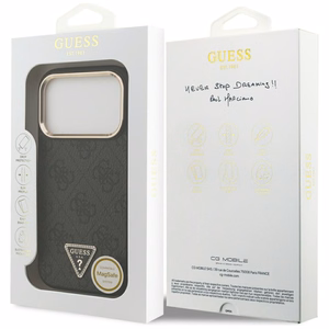 Guess PU Leather 4G Strass Triangle Logo Gold Frame MagSafe dėklas Apple iPhone 18 Pro, juodas