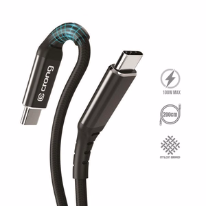 Crong Armor Link USB-C–USB-C laidas, 200 cm, 100 W PD, 5 A, juodas