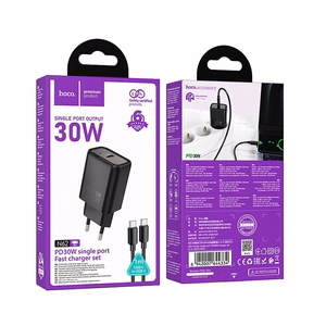 Įkroviklis telefonui Hoco USB C QC PD 30W + kabelis USB C į USB C N62 juodas