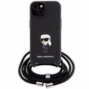 Karl Lagerfeld kryžminis Saffiano monograma metalinis ženkliukas Karl & Choupette dėklas telefonui iPhone 15 - juodas