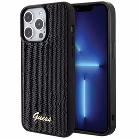 Guess Blizgučių Metalinis Užrašas dėklas telefonui iPhone 15 Pro - juodas