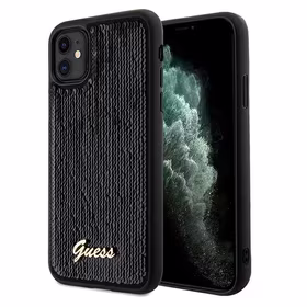 Guess Blizgučiai užrašas metalinis dėklas telefonui iPhone 11 / Xr - juodas