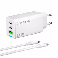 Wozinsky GaN 65W įkroviklis su USB-A ir 2xUSB-C jungtimis bei 65W USB-C kabeliu - baltas