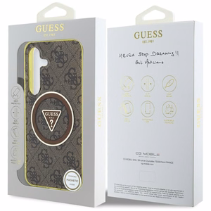 Guess 4G blizgus trikampių mygtukų magnetinis dėklas telefonui Samsung Galaxy S25 rudas