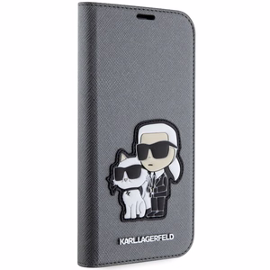 Karl Lagerfeld KLBKP14SSANKCPG iPhone 14 6.1" knygos tipo dėklas sidabrinis Saffiano Karl & Choupette