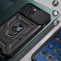 Hybrid Armor Camshield dėklas telefonui iPhone 14 Pro Max šarvuotas dėklas su kameros dangteliu juodas