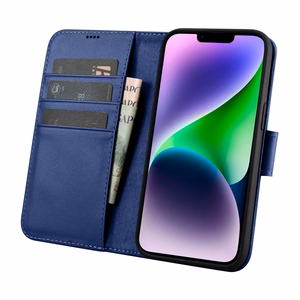 iCarer Piniginės dėklas 2in1 viršelis iPhone 14 Plus Anti-RFID odinis atverčiamas dėklas mėlynas (WMI14220727-BU)