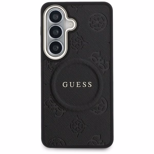 Guess Saffiano Peony Embossed Ring MagSafe dėklas Samsung Galaxy S26+ juodas