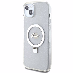 Guess GUHMP15MHRSGSD iPhone 15 Plus / 14 Plus 6.7" permatomas/permatomas kietas dėklas Žiedinis Stovas Script Glitter Magnetinis