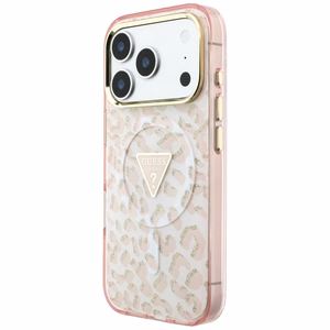 Guess IML Leopard Glitter Triangle Logo MagSafe dėklas, skirtas iPhone 17 Pro Max / 18 Pro Max – spalva: rožinė