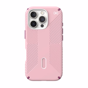 Speck Presidio2 Grip ClickLock & MagSafe dėklas, skirtas iPhone 16 Pro, „Wednesday Pink“ / „Boysenberry Purple“ / baltas