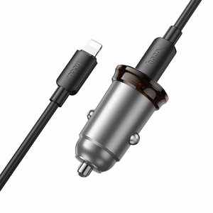 Automobilinis įkroviklis Hoco 2 x USB C QC PD 45W + kabelis USB C į Lightning NZ16B metalinis pilkas