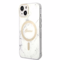Rinkinys Guess GUBPP14SHMEACSH dėklas + įkroviklis iPhone 14 6.1" baltas/kietas dėklas Marmuras Magnetinis