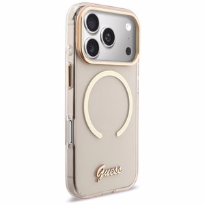 Guess IML Script Metal MagSafe Dėklas for iPhone 17 Pro - rožinis