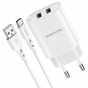 Borofone Sieninis įkroviklis BN2 Super - 2xUSB - 2,1A su USB į Type C baltas