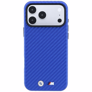 BMW dėklas, skirtas iPhone 18 Pro Max / 17 Pro Max: (Carbon Metal Logo), suderinamas su MagSafe, spalva – mėlyna