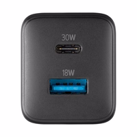 Cellularline Multipower Micro GaN - USB-C & USB-A Power Delivery 30W mains įkroviklis (juodas)